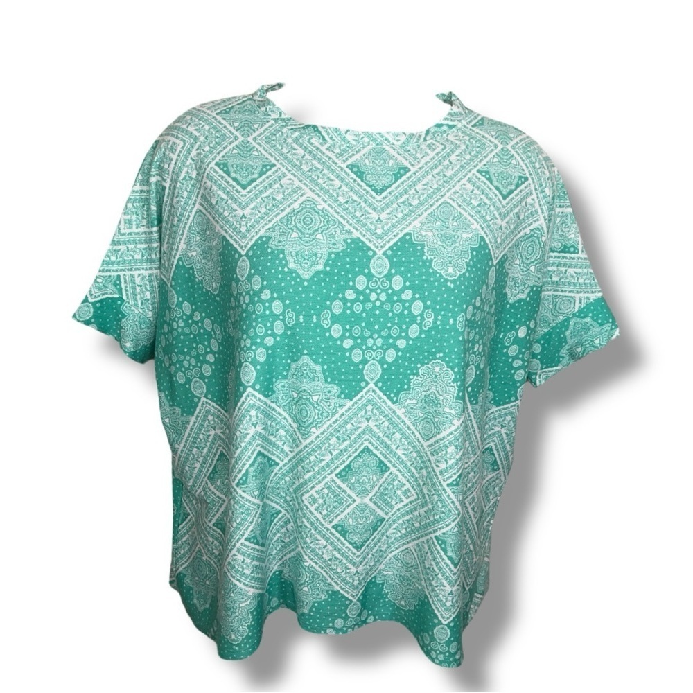 XL Agnes And Dora Mint Green White Boho Geometric Knit Top Short Sleeve Bohemian